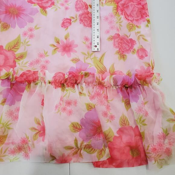 VINTAGE Floral Chiffon Maxi Dress Womens Small Pink Ruffle Neck Puff Sleeve 70s - Picture 5 of 11